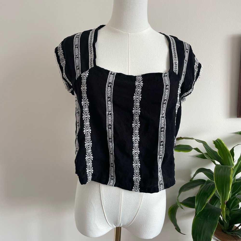 Black & White Striped Embroidered Square-Neck Crop Top